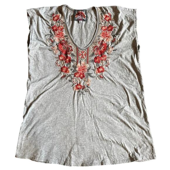 Johnny Was Embroidered Gray V-Neck Cotton Shirt Tunic Top Boho Size Medium - Picture 1 of 5